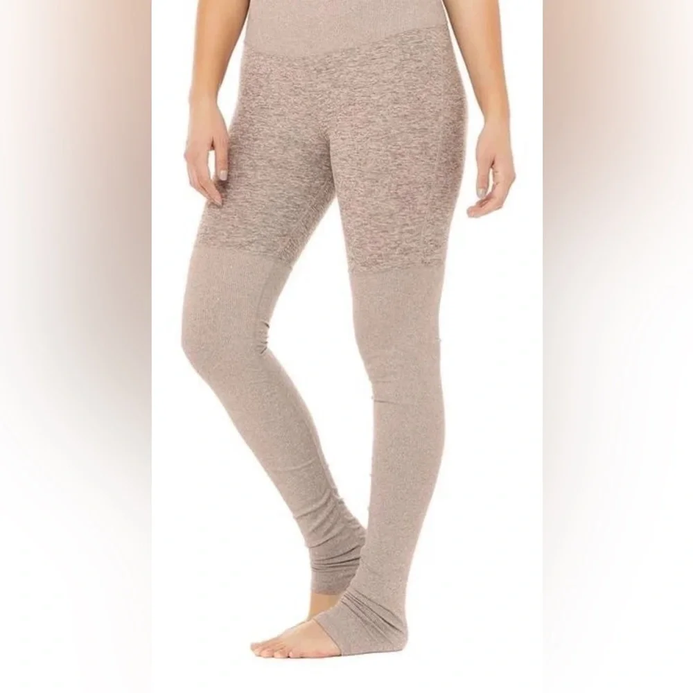 ALO Yoga Heather Light Brown Goddess Ribbed Leggings Ruched Hi-Rise - Size XS